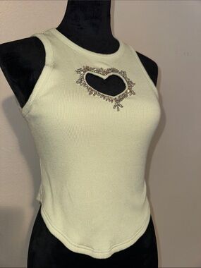 Ribbed Sleeveless Tank with Jeweled Heart Cutout - Light Sage